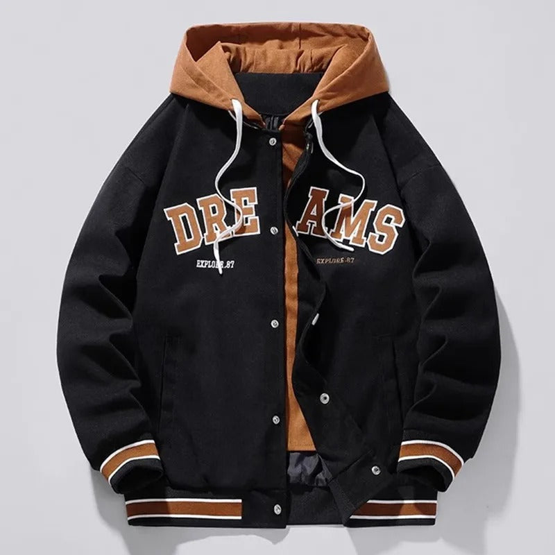 KINGSLEY HOODED VARSITY JACKET